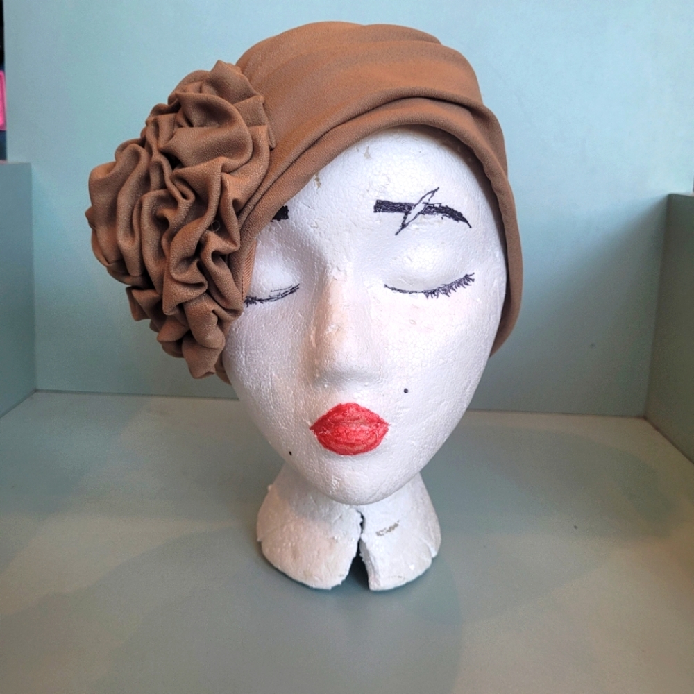 1920s Inspired  Mr. R cloche Style hat w/ Floral Detail. Tan
